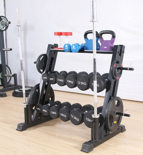 Rack de 3 Niveles Mancuernas, Discos y Barras